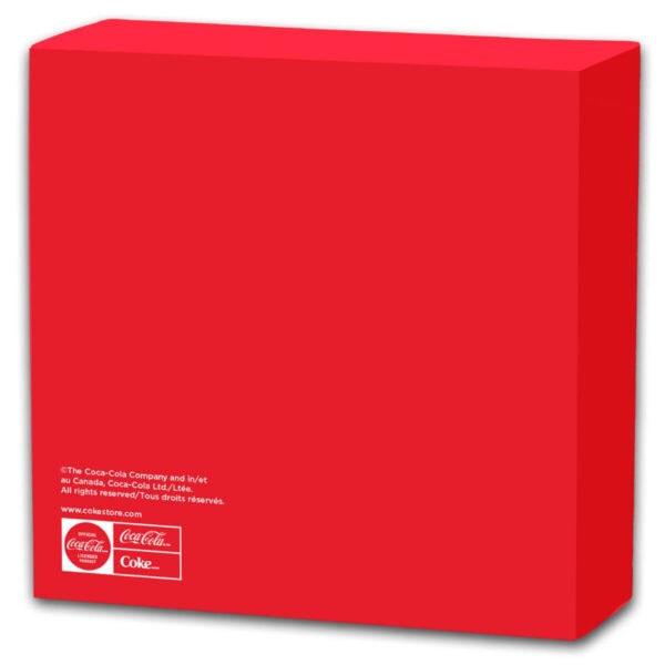 Back view of red packaging box for the 2025 Niue Coca-Cola Bottle Cap 1.2 Gram Gold Shaped Coin featuring white Coca-Cola logo and text including “Fiji Gold”; minimalist design with clean branding.