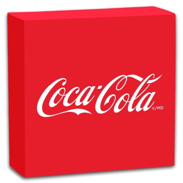 Front view of red packaging box for the 2025 Niue Coca-Cola Bottle Cap 1.2 Gram Gold Shaped Coin featuring white Coca-Cola logo centered on lid; minimalist design with bold color and clean branding.