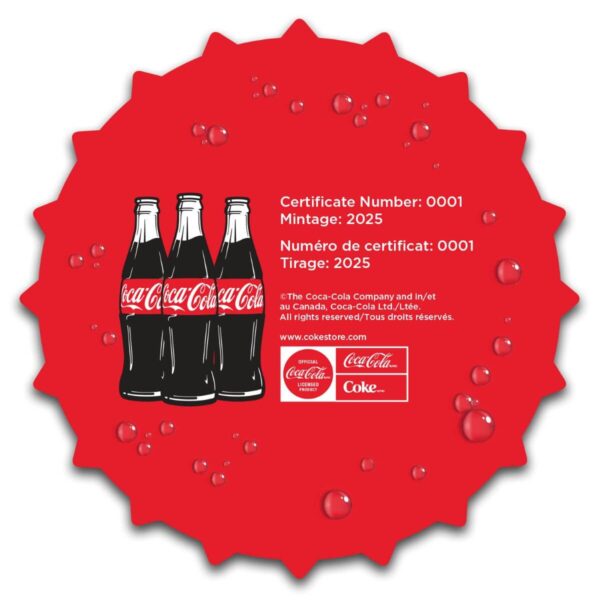 Reverse view of certificate for the 2025 Niue Coca-Cola Bottle Cap 1.2 Gram Gold Shaped Coin featuring red bottle cap-shaped design with three Coca-Cola bottles on left; certificate number 2021 and mintage of 2025 printed on right.