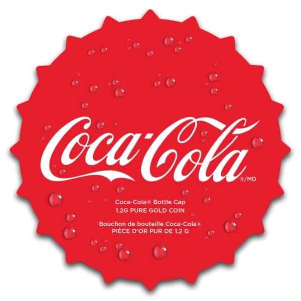 Front view of certificate panel for the 2025 Niue Coca-Cola Bottle Cap 1.2 Gram Gold Shaped Coin featuring red Coca-Cola bottle cap design with white logo; text includes coin name and July 11, 2025 release date.