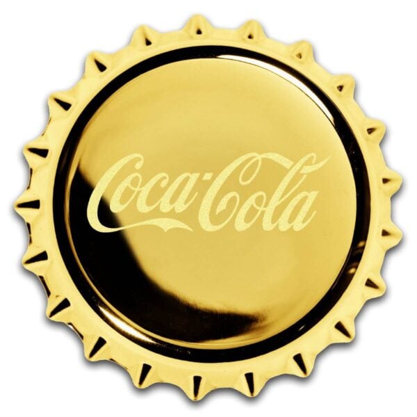 Front view of the 2025 Niue Coca-Cola Bottle Cap 1.2 Gram Gold Shaped Coin showing sculpted gold bottle cap design with engraved Coca-Cola logo; ridged edges mimic classic cap contours.
