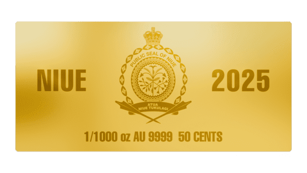 Back view of 2025 Niue 1/1000 oz gold coin in GR Reserve card, showing Niue crest, "2025," "1/1000 oz Au 9999," and "50 CENTS."