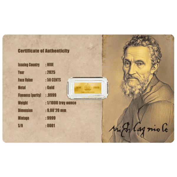 Certificate of authenticity for the 2025 Niue Creation of Adam 1/1000 oz Gold Coin; features printed specifications including trading weight, fineness, diameter, mintage, and an inset image of the gold coin alongside an official signature.