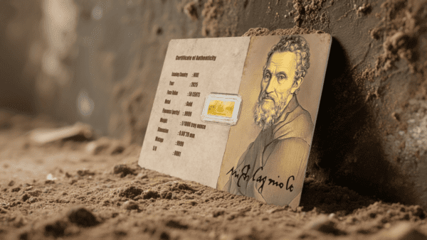 Stylized back and side view of 2025 Niue Creation of Adam 1/1000 oz gold coin in GR Reserve distributor card, featuring a portrait (likely Michelangelo) and product information on textured ground.