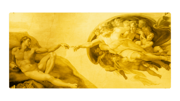2025 Niue Creation of Adam 1/1000 oz gold coin in protective GR Reserve card, front view showcasing Michelangelo's iconic artwork.