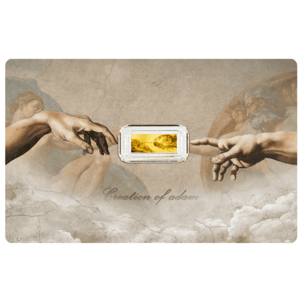 Front card for the 2025 Niue Creation of Adam 1.1000 oz Gold Coin, featuring a stylized adaptation of Michelangelo’s iconic hands from the Sistine Chapel fresco; a gold coin is embedded between the two reaching hands, with “Creation of Adam” text beneath.