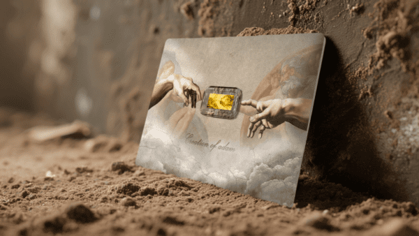 Stylized front and side view of the 2025 Niue Creation of Adam 1/1000 oz gold coin within its GR Reserve distributor card, positioned artistically on a textured, sand-colored surface.