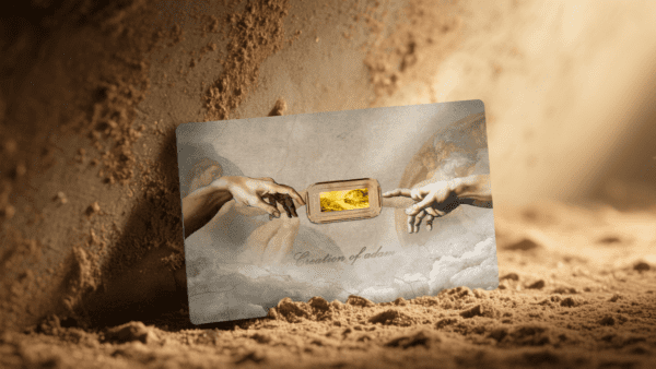 Stylized front view of the 2025 Niue Creation of Adam 1/1000 oz gold coin within its GR Reserve distributor card, set against an artistic, sand-colored background.
