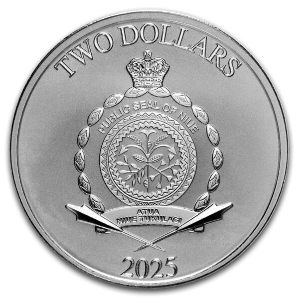 Reverse of the 2025 Niue Disney Mickey and Friends 1 oz Silver BU Coin featuring the Public Seal of Niue, including a crowned crest within a wreath; inscriptions “TWO DOLLARS” at top and “2025” at bottom over a silver background.