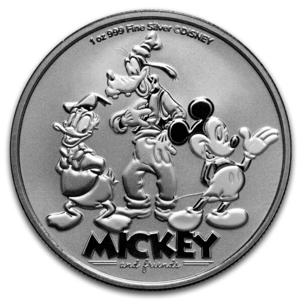 Obverse design of the 2025 Niue Disney Mickey and Friends 1 oz Silver BU Coin featuring embossed figures of Mickey Mouse, Donald Duck, and Goofy; “1 oz 999 Fine Silver Disney Classics” inscribed above, with “MICKEY and Friends” below the characters.