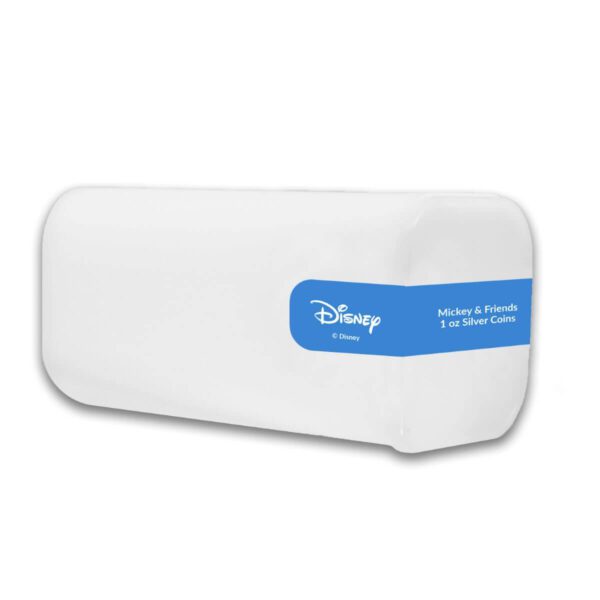 White coin tube with blue label for the 2025 Niue Disney Mickey and Friends 1 oz Silver BU Coin; label includes Disney logo and product name “Mickey & Friends 1oz Silver BU Coin” over a clean background.