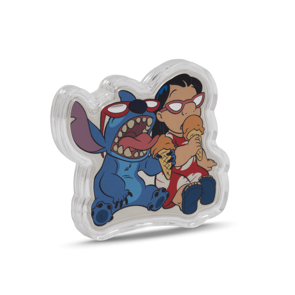 Sticker of Disney's Lilo & Stitch characters, Stitch and Lilo, eating ice cream, colorful cartoon design on clear backing, perfect for collectors.