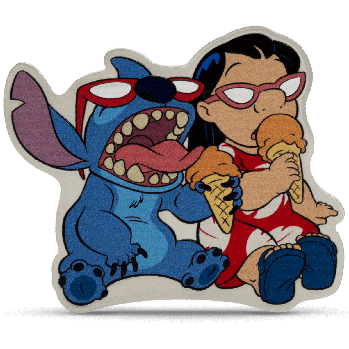 Sticker featuring Lilo and Stitch sitting together while eating ice cream cones, wearing colorful clothes and glasses, with Stitch wearing sunglasses and a wide open mouth.