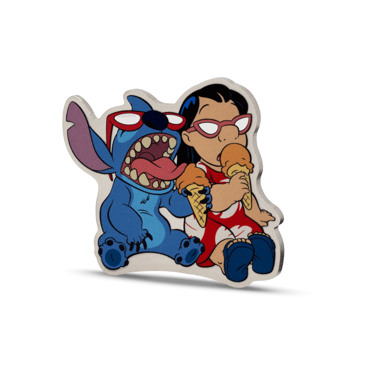 Sticker of Lilo and Stitch enjoying ice cream, colorful cartoon design, vibrant colors, from the Disney movie.