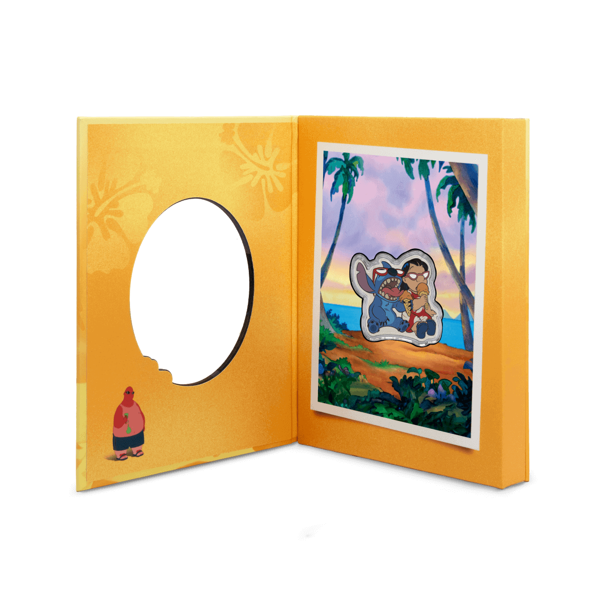 Vintage Disney collectible coin featuring Lilo and Stitch on a tropical beach scene from 1998, with vibrant colors and detailed design.