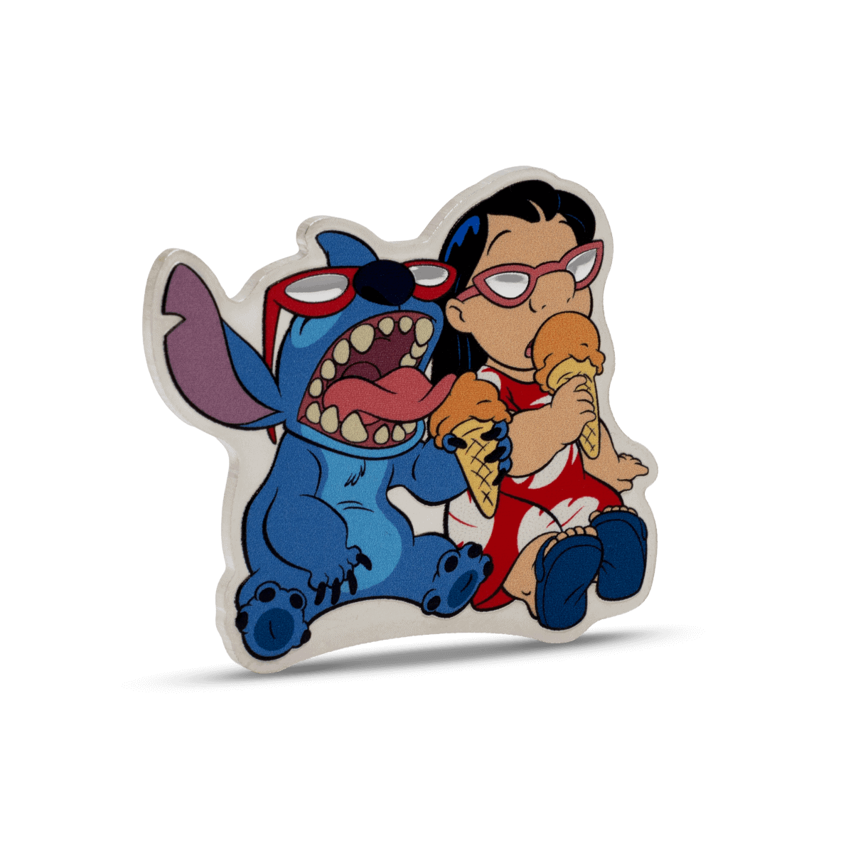 Colorful enamel pin of Lilo and Stitch from Disney, showing Stitch with glasses and mouth wide open, and Lilo holding ice cream cones, on gray background.