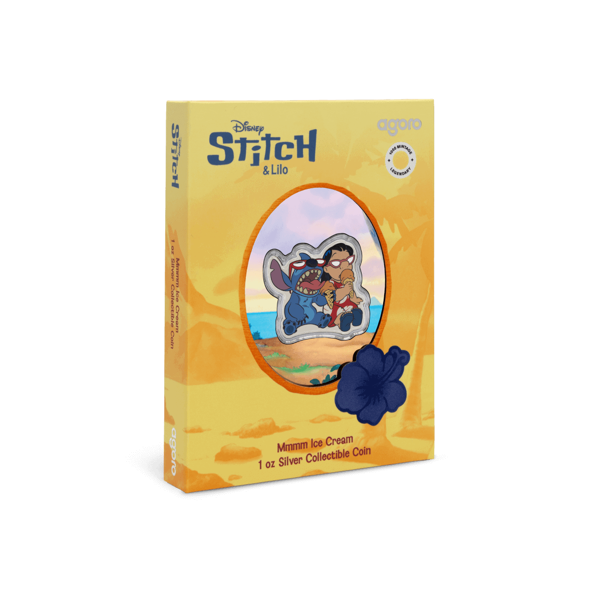 Colorful collectible enamel pin featuring Stitch and Lilo on a beach background, encased in decorative packaging.