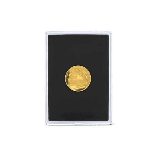 A small, black display case with a gold-colored coin inside. The back of the coin shows the text "1/4 OZ FINE GOLD" and "NIUE 2025."