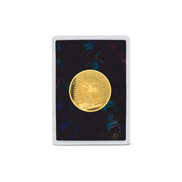 A small, black display case with a gold-colored coin inside. The back of the coin shows the text "1 OZ FINE SILVER" and "NIUE 2025."