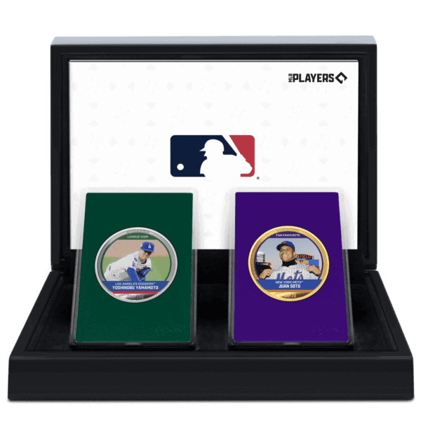 A black case displays two round, colored coins with a Major League Baseball logo on them. The coins are green and purple and are part of a trading set.
