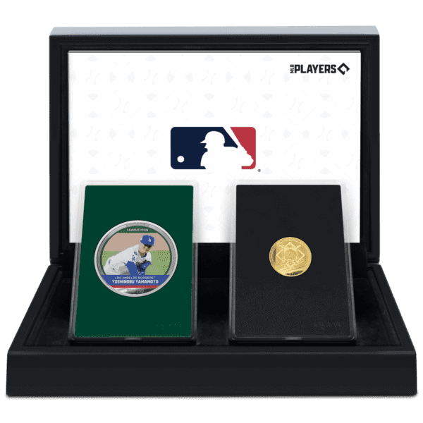 A black case displays two round, colored coins with a Major League Baseball logo on them. The coins are green and black, and the black one has a gold-colored rim.