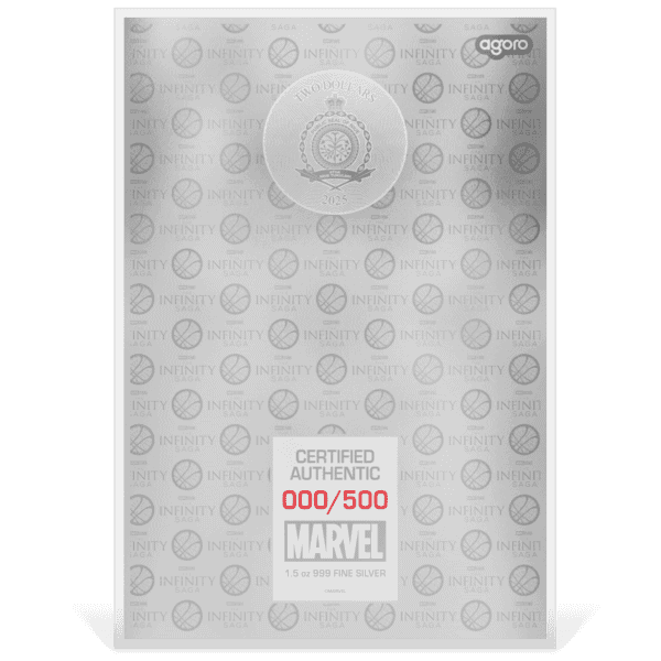 Back of Doctor Strange silver foil collectible featuring circular mystical design, Marvel logo, and limited edition number from Infinity Saga Phase 3