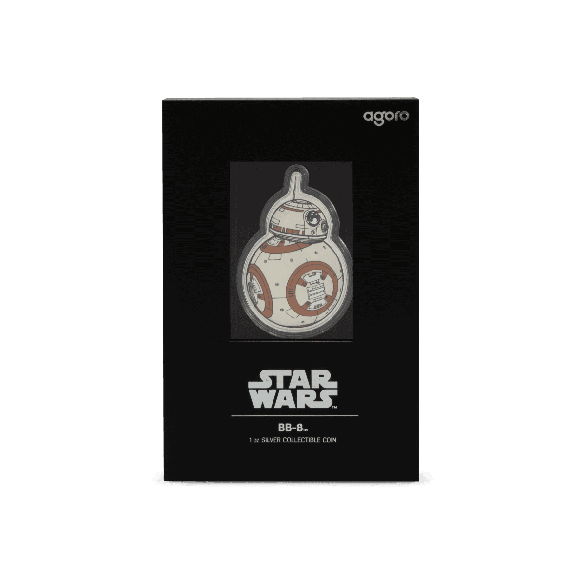 2025 Niue Star Wars BB-8 Droids 1 oz Silver Colorized Proof Coin in GR Reserve black box; features BB-8 design and Star Wars logo.