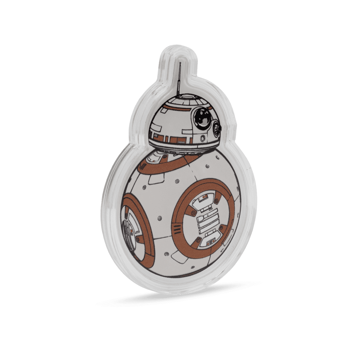 2025 Niue Star Wars BB-8 Droids 1 oz Silver Colorized Proof Coin in clear capsule; shaped and colorized to resemble BB-8.