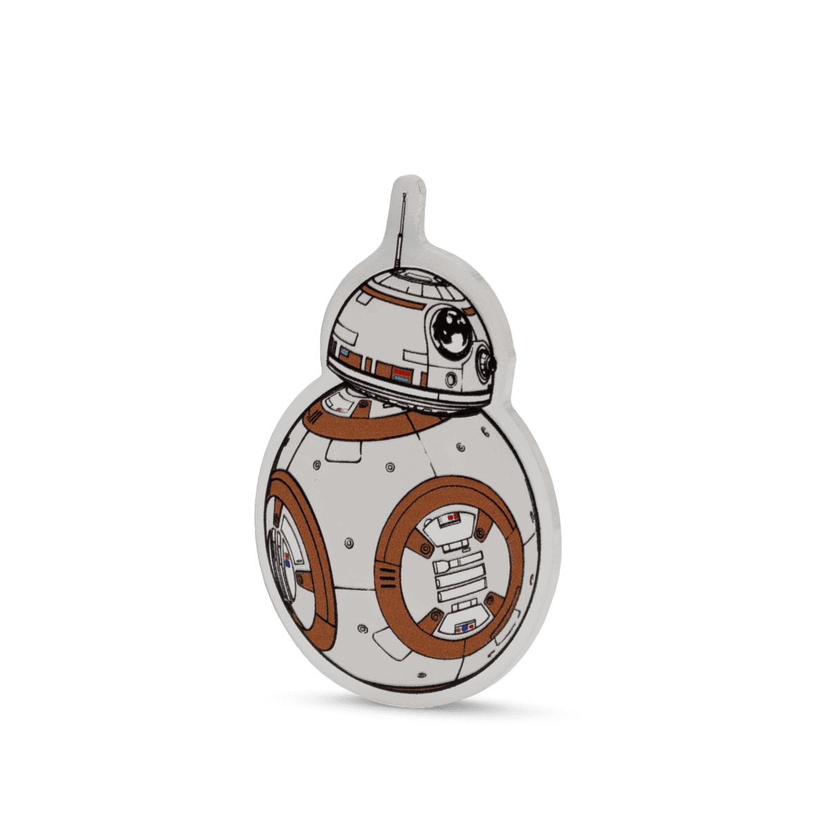 Left-side view of 2025 Niue Star Wars BB-8 Droids 1 oz Silver Colorized Proof Coin; BB-8 design in silver and orange with proof finish.