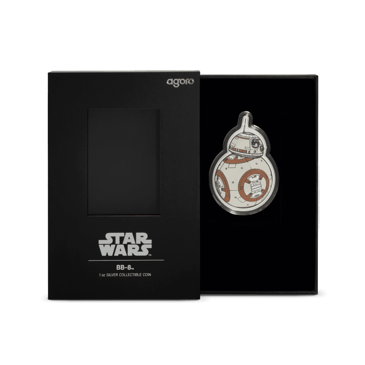 2025 Niue Star Wars BB-8 1 oz Silver Colorized Proof Coin displayed beside black Star Wars-branded box; BB-8 design in vivid orange and white.