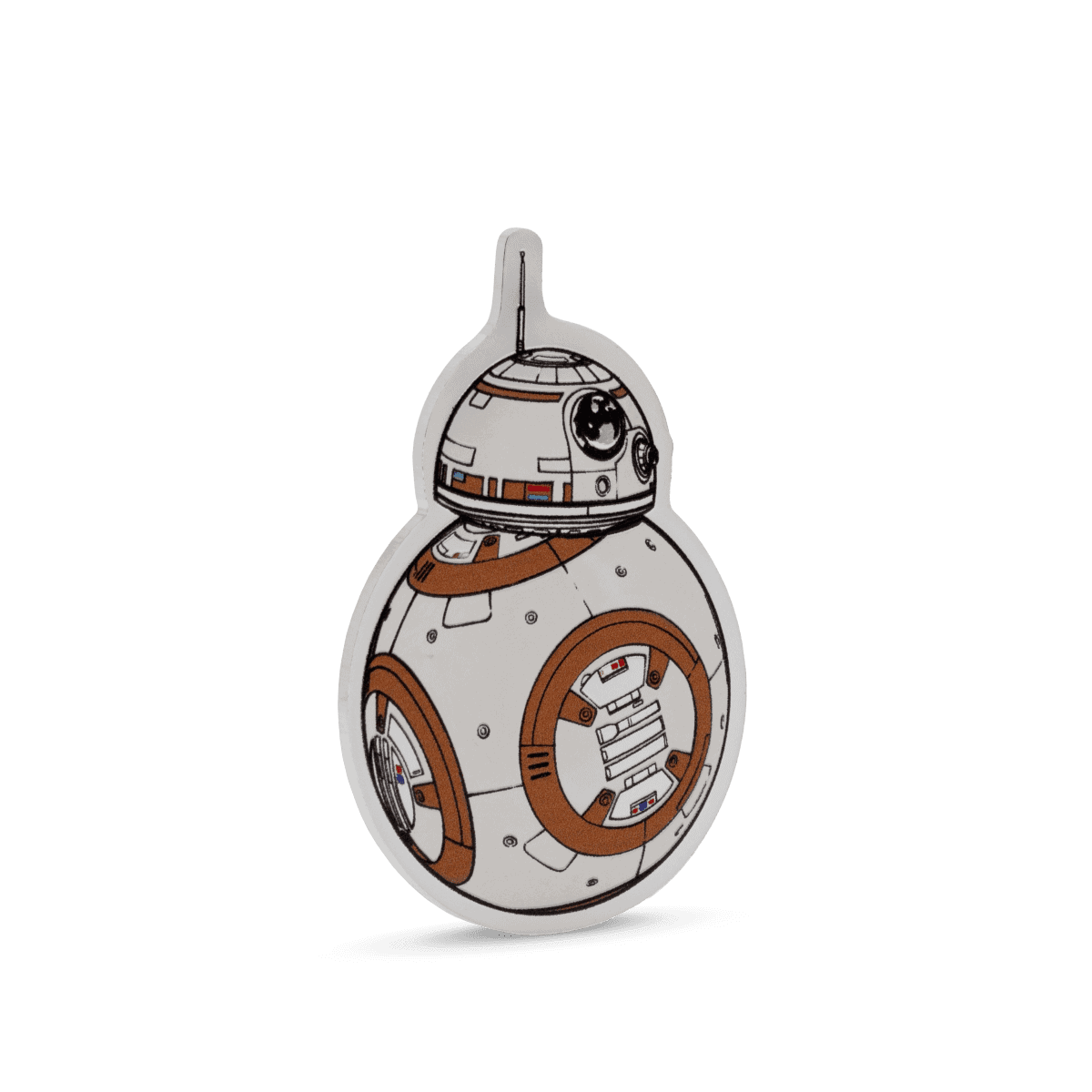 Right-side view of 2025 Niue Star Wars BB-8 Droids 1 oz Silver Colorized Proof Coin; BB-8 design in orange and white with proof finish.