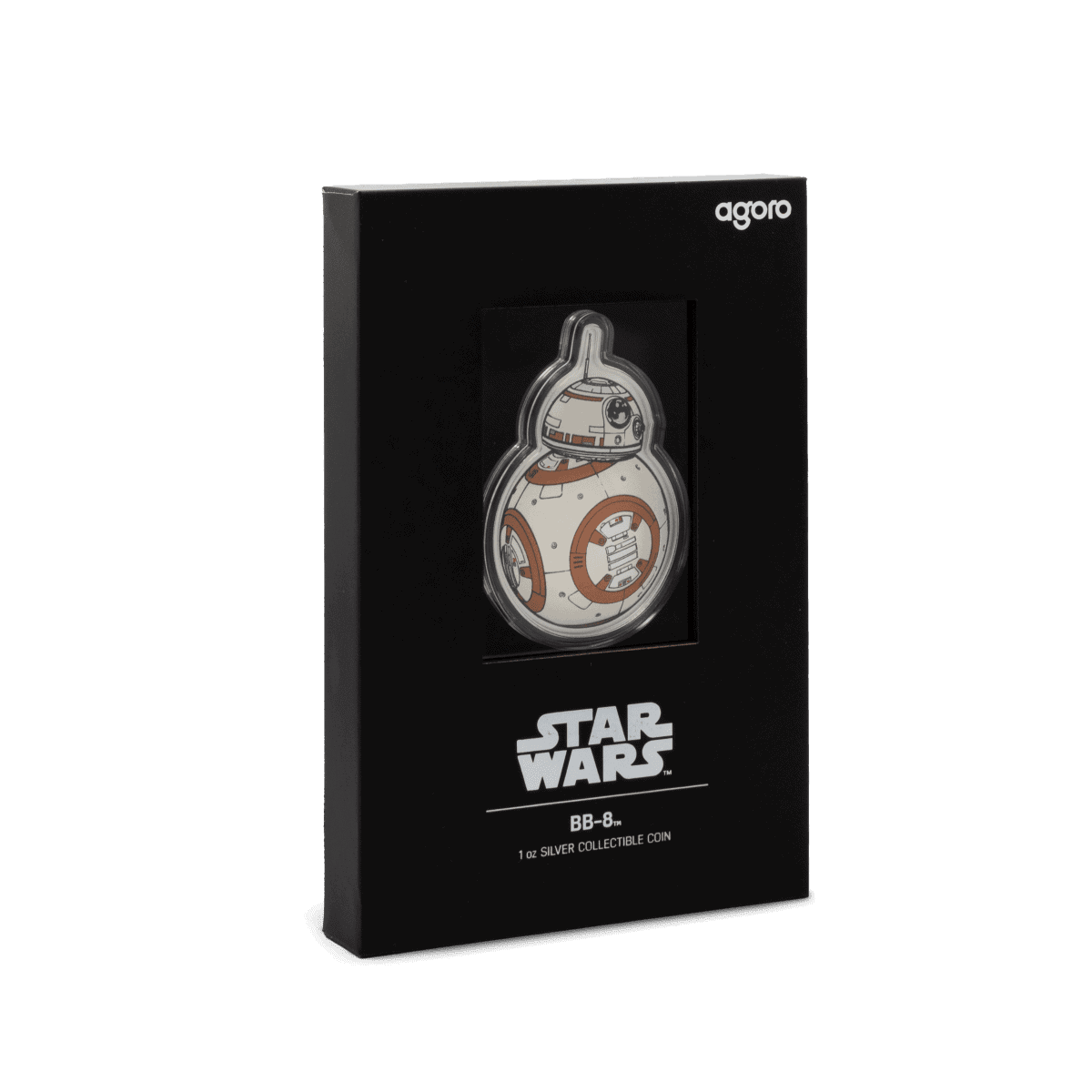 Black display box for 2025 Niue Star Wars BB-8 1 oz Silver Colorized Proof Coin; features BB-8 coin image and Star Wars branding.