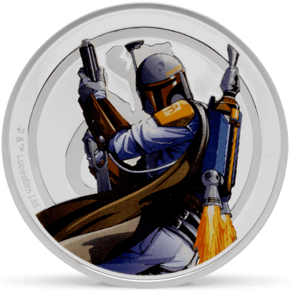 Reverse of 2025 Niue Star Wars Han Solo vs. Boba Fett Medallion featuring colorized image of Boba Fett in Mandalorian armor holding dual blasters, silver proof finish.