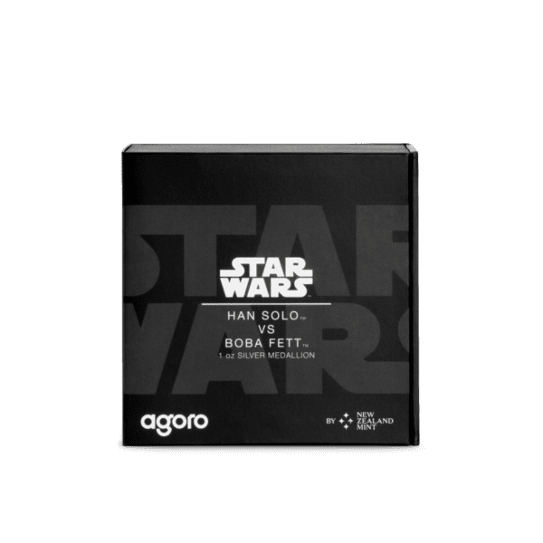Black presentation box for 2025 Niue Star Wars Han Solo vs. Boba Fett 1 oz Silver Colorized Proof Medallion featuring STAR WARS branding and agpro logo.