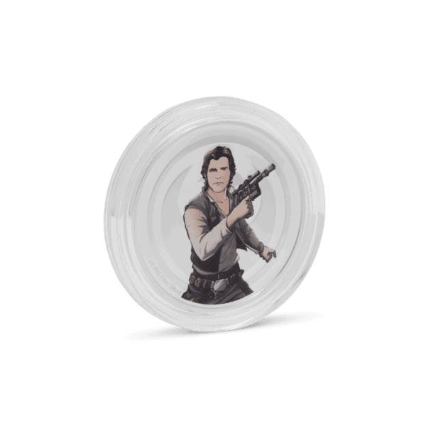 Encapsulated 2025 Niue Star Wars Han Solo vs. Boba Fett Medallion featuring Han Solo in colorized action pose, silver proof finish in protective display capsule.