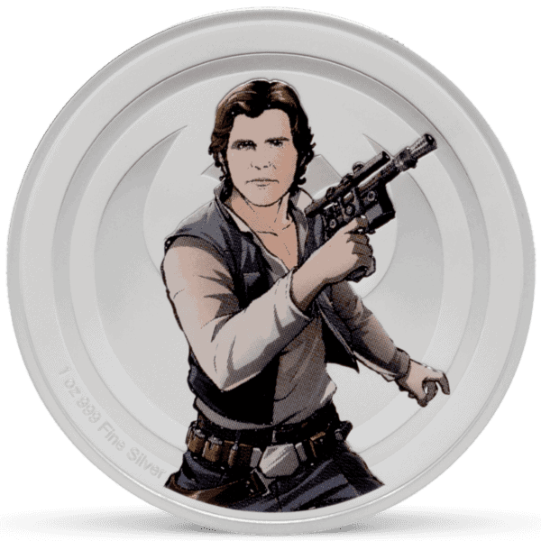 Obverse of 2025 Niue Star Wars Han Solo vs. Boba Fett Medallion featuring colorized image of Han Solo in action pose holding blaster, silver proof finish.