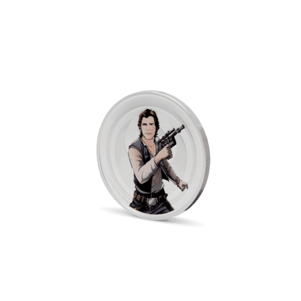 Angled left-side view of 2025 Niue Star Wars Han Solo vs. Boba Fett Medallion showing Han Solo in colorized action pose with blaster, silver proof finish.