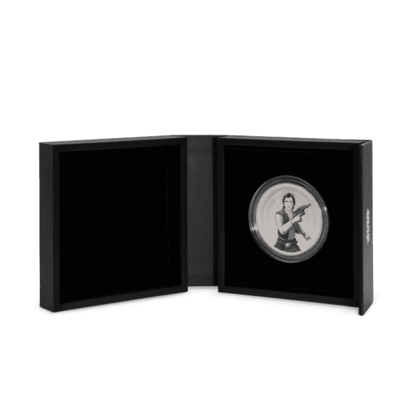 Open black presentation box containing 2025 Niue Star Wars Han Solo vs. Boba Fett 1 oz Silver Colorized Proof Medallion featuring Han Solo and Boba Fett in colorized design.