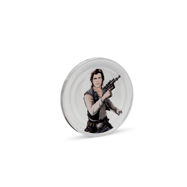 Angled right-side view of 2025 Niue Star Wars Han Solo vs. Boba Fett Medallion showing Han Solo in colorized action pose with blaster, silver proof finish.