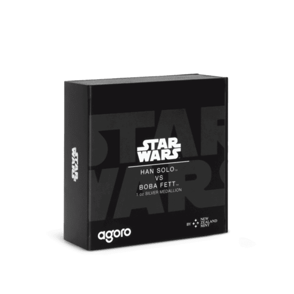 Side view of black presentation box for 2025 Niue Star Wars Han Solo vs. Boba Fett 1 oz Silver Colorized Proof Medallion featuring STAR WARS logo, agora branding, and 1 oz Ag 999 silver purity text.
