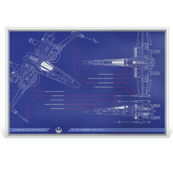 2025 Niue Star Wars X-Wing T-70 Blueprint 1 oz Silver Colorized Foil front view