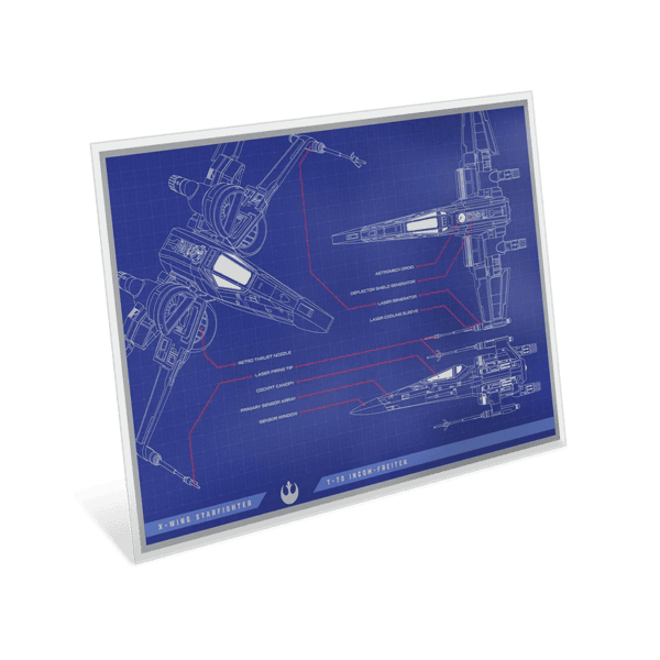 2025 Niue Star Wars X-Wing T-70 Blueprint 1 oz Silver Colorized Foil angled side view
