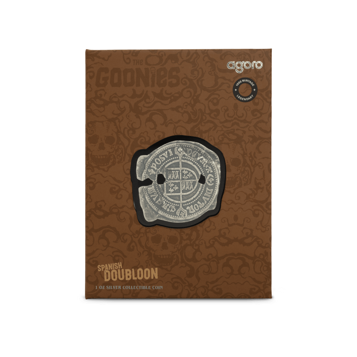 Spanish Doubloon coin collectible, 1 oz silver, vintage design, from the 1600s era, displayed in branded packaging.