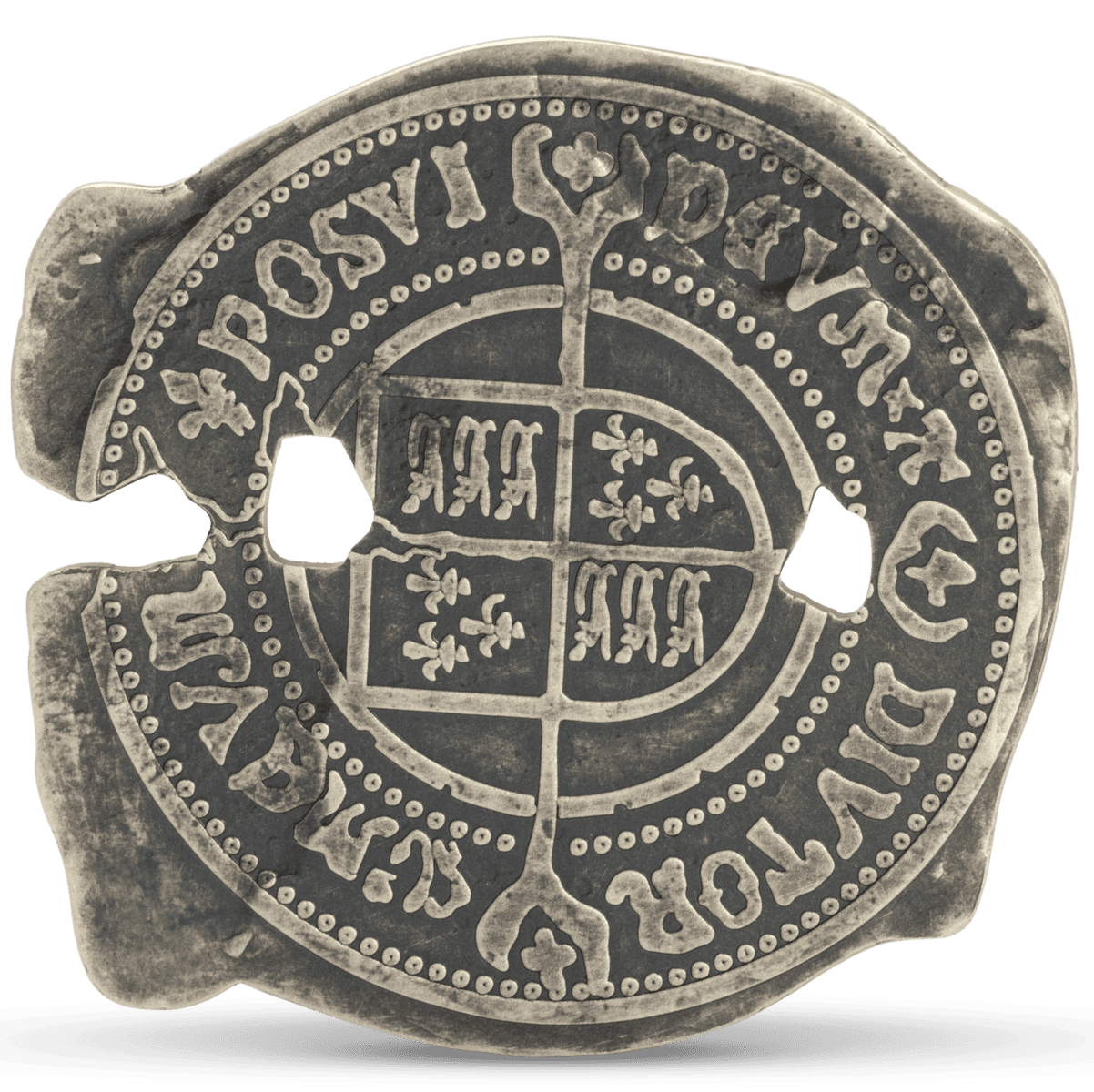 Old silver coin with intricate heraldic design and Latin inscription, likely historical European currency.