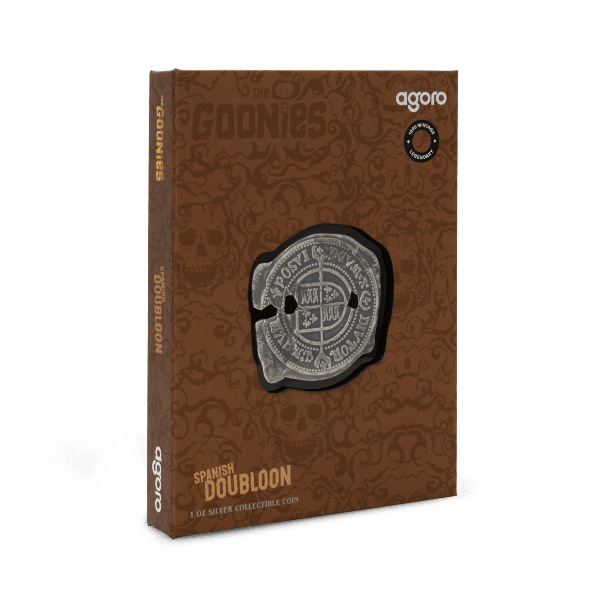 Silver Spanish Doubloon coin collectible from 1600s, featuring intricate ancient design, in its branded packaging on GRReserve.