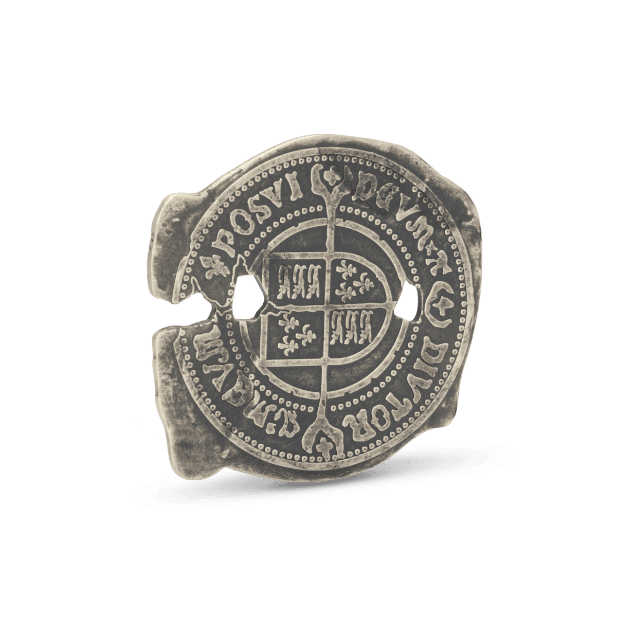 Ancient silver coin with intricate heraldic symbols and Latin inscriptions, likely from Medieval Europe, showcasing historical craftsmanship and detailed engravings on a well-preserved piece.