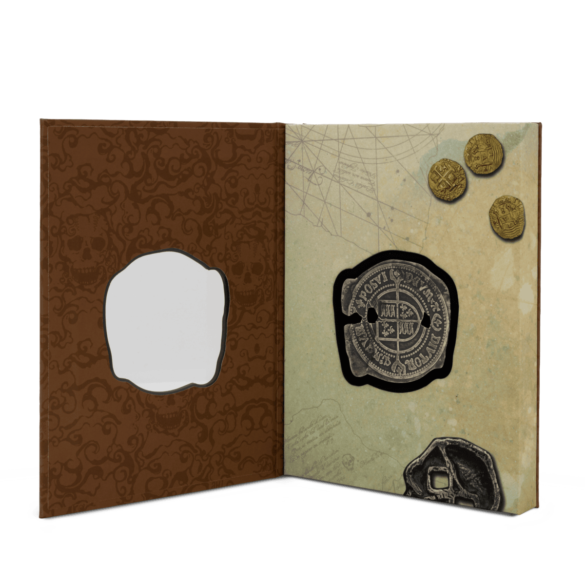 Antique Spanish coins set in a collectible display album, showcasing historical coin details from Spain with intricate designs and year markings. Perfect for numismatic enthusiasts and collectors.