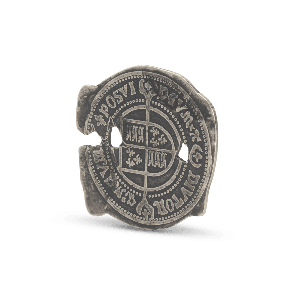 Ancient silver coin featuring heraldic shields and Latin inscriptions, likely from the 16th or 17th century, showcasing historical European craftsmanship and design.