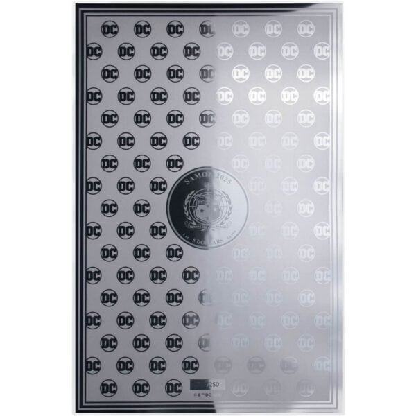 Reverse of the 2025 Samoa DC Comics Superman 204 Iconic Covers Silver Foil featuring repeating “DC” logo pattern and central profile of Queen Elizabeth II encircled within a circular emblem; reflective silver surface adds sheen across foil.