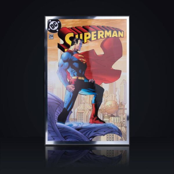 Front cover design for the 2025 Samoa Superman 204 Iconic Covers 1 oz Silver Foil featuring Superman flying above Metropolis in classic comic illustration style; “Superman” title appears prominently at top against bright sky and cityscape background.
